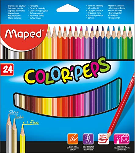 Maped - estuche de 24 lápices de colores triangulares colorpeps. mina blanda y resistente.