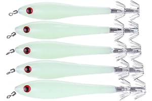 FOLANDO 5pcs Luminous Saltwater Fishing Lures, Octopus Fishing Jig Lures Artificial Spinner Shrimp Squid Bait - 9.5cm