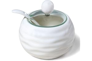 Chase Chic Azucarero Cerámica, Porcelana Azucarero Moderno con Tapa de Vidrio Transparente y Cuchara 8.8oz/250ml en Forma de Ondulada Blanca, Adecuado para Cafetería, Restaurante, Cocina