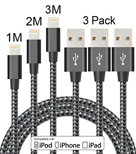 ELEBAR Handy Ladegerät Nylon geflochten Lightning to USB Kabel 6 FT (2 Pack) Apple Lightning Kabel für iPhone 7 Plus 6S Plus 6 Plus SE 5S 5 C 5, iPad 2 3 4 mini, iPad Pro Air, iPod – Schwarz & Grau 3FT+6FT+10FT Black Gray