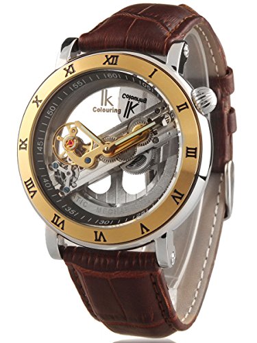 Alienwork IK mechanische Automatik Armbanduhr Skelett Automatikuhr Uhr Wasserdicht 5ATM silber braun Leder 98399G-MS-S Alienwork IK mechanische Automatik Armbanduhr Skelett Automatikuhr Uhr Wasserdicht 5ATM silber braun Leder 98399G-MS-S