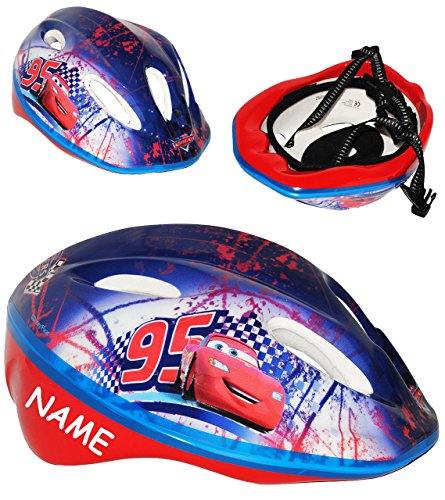 Set: Kinderhelm + Schützer - Disney Cars Lightning McQueen - incl. Name - Gr. 52 - 56 - circa 3 bis 15 Jahre - verstellbarer Helm - Auto - für Kinder Jungen / Fahrradhelm größenverstellbar Schutz