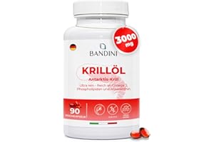 ‎BANDINI Bandini® Krillöl 3000 mg, reine Antarktis, 465 mg EPA und DHA, 1200 mg marine Phospholipide, Quelle von Astaxanthin und Omega 3 | Krillöl 100% natürlich, kein Nachgeschmack | 90 Weichkapseln