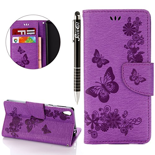 SainCat Coque Etui pour Sony Xperia E5 Cover Bumper,Anti-scratch Cuir Dragonne Portefeuille PU Cuir Etui Relief fille papillon Housse pour Sony Xperia E5,Etui de Protection PU Leather Case Bling Diamond Brillant Glitter Wallet Flip Protective Cover Protector,Coque de Protection en Cuir Folio Housse Cuir Swag Case Cover Coquille Couverture avec Fonction Porte-cartes de Crédit Stand pour Sony Xperia E5 + 1 X Stylet(grand papillon en relief-violet)