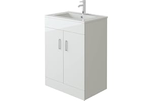 VeeBath Sphinx High Gloss White Free Standing Basin Vanity Cabinet Unit & Rectangular Sink - 600mm