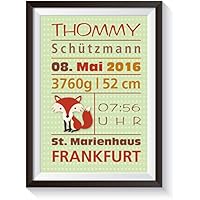 Geburtsgeschenk Bild „Fuchs“ personalisierter Kunstdruck mit Namen, ungerahmt. DIN A4 Poster, Wand Deko für Kinderzimmer, Babyzimmer. Süße Geschenkidee zur Geburt, Taufe, Newborn Baby Geschenke Jungen/Mädchen Wandbild Wanddeko einzigartig
