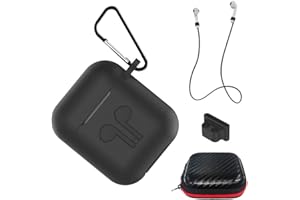 AICEK Pokrowiec kompatybilny z AirPods 1 i 2 silikonowa skóra do Apple AirPods etui ładujące pełne akcesoria ochronne etui z paskiem zapobiegającym zgubieniu, brelokiem, uchwytem na klips, torba do przechowywania czarna