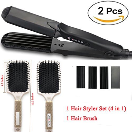4 in 1 Hair Crimper Hair Curler and Straighter Interchangeable Ceramic Plates Styling Tools for Curling &amp; Straightening + 1 Hair Brush
