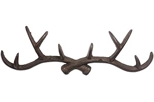 KiaoTime l Vintage 14" Rustic Cast Iron Deer Antlers Wall Mounted Coat Hooks, Shabby Chic Coat Rack, Key Holder, Hat Hanger, Bath Room Wall Hanger (Rusty Brown)