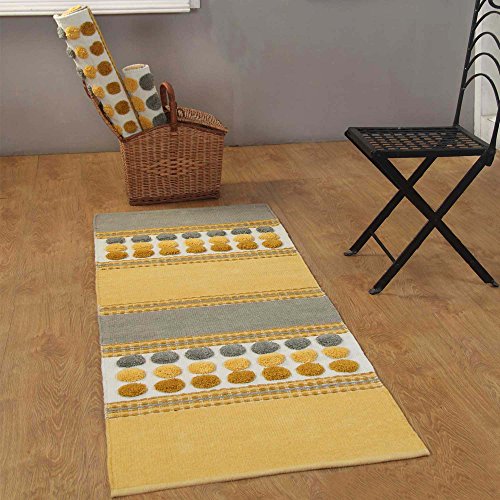 Homescapes Grey Ochre Yellow Modern Cotton Chenille Rug 90x150 cm 3 ft. x 5 ft. Tufted Circles & Hand Woven Striped Large Mat