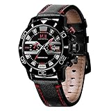 Menton Ezil Herrenuhr Sportliches Zifferblatt Stoppuhr Zeitmesser Automatisch-mechanische Uhr Datumsanzeige Lederarmband 3 ATM Wasserdicht Leuchtende Zeiger Freizeitstil Quarzuhr Armbanduhr für Jungen