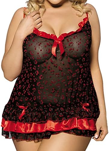 luckyemporia Women Ladies Sexy Black Cherry Baby Doll Sleepwear Nightwear Underwear Lingerie With G String (20-22)