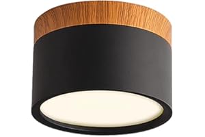 Schindora Lampa Sufitowa LED, Reflektor Natynkowy Dekoracyjny Drewniany, Mini Okrągła Czarna Lampa Sufitowa, Ciepła Biel 3000 K, 12 W.
