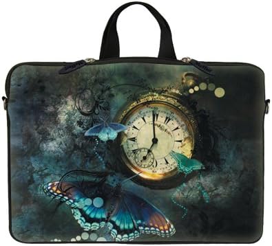 15 15.6 inch Laptop Sleeve with Hidden Handle & Eyelets (D Ring Hook) Bag Carrying Case for Macbook, Acer, Asus, Dell, Hp, Sony, Toshiba, and more - Clock Butterfly Design