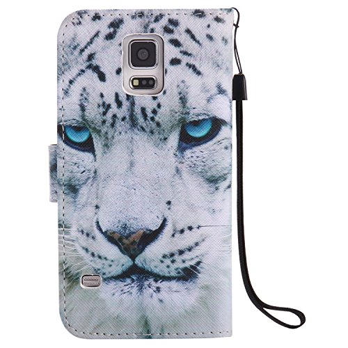 Feeltech Samsung Galaxy S5 Hülle PU-Leder und Brieftasche Bunte Muster Fall mit Magnetverschluss, Hybrid-Kickstand mit Stand-Funktion, schlagen Sie schützende weiche TPU Stoßstangenabdeckung und Kreditkartenhalter für Samsung Galaxy S5 Handgelenk Bügel-Buch-Art-Geldbeutel-Tasche mit 2 In 1 Berühren Sie Stift – White leopard - 3