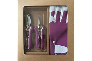 Petal Power Ladies Leather Gardening Gloves & Mini Pruner Secateurs Set (Gloves - Medium, Purple)