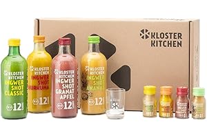 ‎KLOSTER KITCHEN Kloster Kitchen Bio Ingwer Shot Probierset M I 4 Sorten 4x 360 ml + 4x 30 ml mit echten Ingwerstückchen I Geschenkset Ingwershot vegan I süß-scharf & mit natürlicher Süße (inkl. 1,00€ EINWEG Pfand)