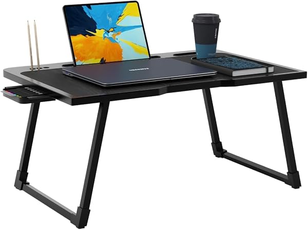 Cubiker Engineered Wood Multipurpose Foldable Lapdesk with Cup Holder | Table Home Study Writing Table, Foldable and Portable/Ergonomic Edges (Black - 60[L] X 4