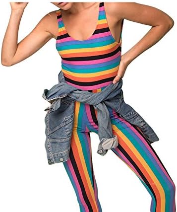 Fashion Rainbow Striped Jumpsuits Vest Top Backless Hot Night Club Wear Daily Workout