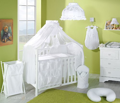 LUXURY 10pc BABY BEDDING SET/BUMPER/MOSQUITO NET/FREE STAND HOLDER to fit COT BED (140x70cm) WHITE