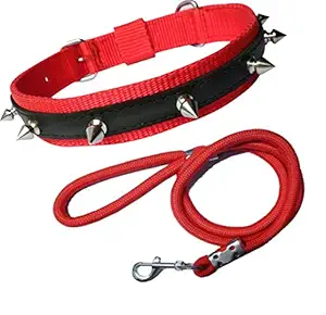 Adios Nylon Dog Belt Combo of Red Dog Spike Collar with Red Lead 1.5m Lengthy Dog Collar & Leash for Your Pet Dogs.