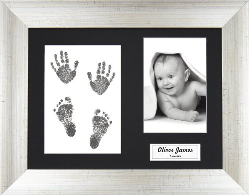 BabyRice New Baby Handprint Footprint Kit, Inkless Wipe with Antique Silver Display Frame, Black Mount 0-3 yrs
