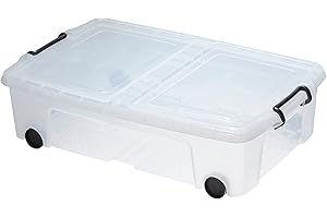 TENLITE Heavy Duty 35L Litre Clear Under Bed Plastic Stackable Storage Boxes with Wheels and Locking Handles (35 Litre)