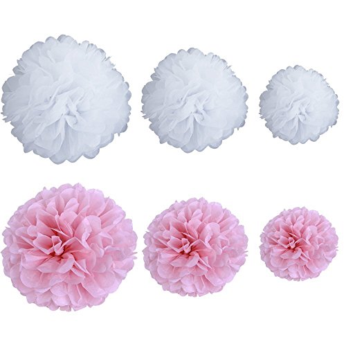 Veewon Seidenpapier Blumen – Set von 6 Mix Größe Garlands Pom Poms für Hochzeit Geburtstag Party, Bachelorette Party Kit, Baby-Dusche und Heimdekorationen (White & Rosa) - 2