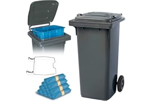 BRB 120 Litre Wheelie Bin with Holder for Rubbish Bags + 250 Bin Bags (Grey)