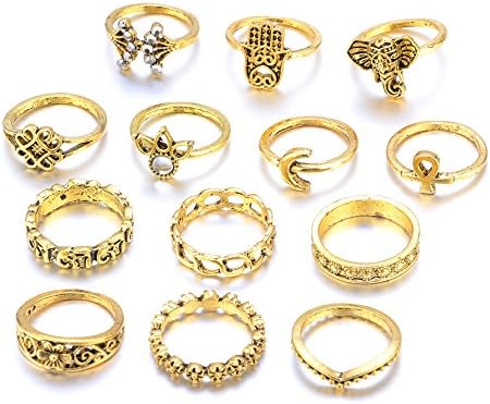 Reixus(TM) Vintage Elephant Moon Fatima Hand Crystal Fan Safe Hollow Flower Rings For Women Bohemian Jewelry Wedding Ring Sets 13Pcs/Set