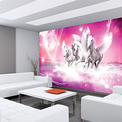 Vlies Fototapete 350×245 cm PREMIUM PLUS Wand Foto Tapete Wand Bild Vliestapete – Tiere Tapete Pegasus Wasser Mond Sterne lila Illustration Foto lila – no. 1078 - 6