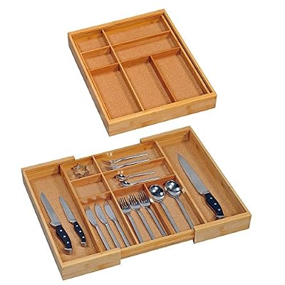 Kesper extensible Range-couverts en bambou Largeur 35–58 cm, profondeur 43 cm Organiseur de tiroir de cuisine 100% en bambou naturel massif avec inserts en liège, 7 intérieure et 2 grands compartiments extérieur à ustensiles/couteaux, Bambou, TWO PA…