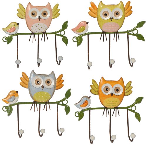 Preisvergleich Produktbild Unbekannt 4 Stück: Garderobenhaken Eulen aus Metall - Wandhaken Kindergarderobe mit 3 Kleiderhaken Kind Wandgarderobe - für Innen und Außen - Bunte Eule Vögel Tiere