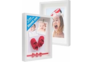 PHOTOLINI 3D Marcos de fotos 30x40 cm para rellenar, blanco, 2 piezas marco con profundidad para objetos de hasta 3 cm, madera MDF con paspartú y cristal - para manualidades y como regalo