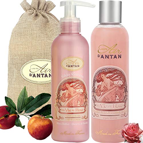 Un Air d'Antan® Cofanetto Bagno Rose alla Francese per Donna - 1 Gel Doccia Idratante 250ml e 1 Crema Corpo Nutriente 200ml, Profumo Petali di Rosa, Pesca -Idea Regalo di Natale Donna, Compleanno