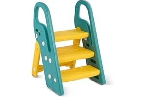 Onasti Foldable Step Stool for Kids, 2 Steps - 3 Steps Height Adjustable Toddler Step Stool, Toilet Steps for Potty Training, Learning Tower with Handle for Bathroom, Bedroom, Kitchen (Yellow-green)