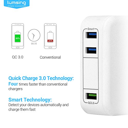 Lumsing Quick Charge 3.0 35W USB Ladegerät Wand Ladeadapter, 1 Port QC3.0 + 2 Port mit Smart IC Technologie Wall Charger für iPhone7/ 7Plus, iPad, HTC One A9/M9, Nexus 6, LG G5 V10 ,Smartphones Tablets und andere USB-ladende Geräte (Weiß) - 2