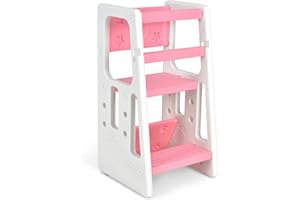 COSTWAY Wieża edukacyjna z 2 stopniami regulacji wysokości, wieża edukacyjna z poręczą ochronną, krzesło edukacyjne, pomocnik kuchenny dla dzieci w wieku 18-60 miesięcy (różowa)