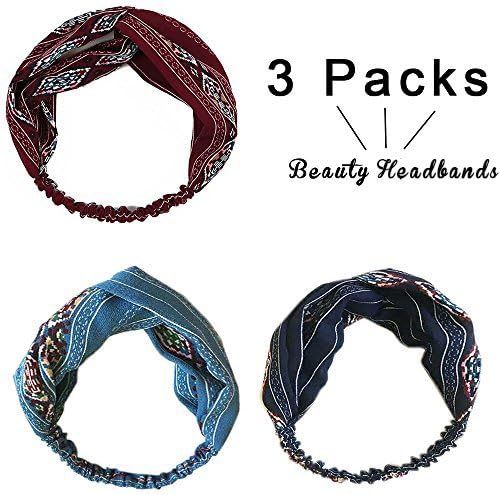 3 Pack Retro Elastic Hairband ,Women Twisted turbans Headband Boho Floral Cross Foral Head Wrap Hair Band