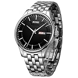 BUREI Herren Analog Quarz Armbanduhr schwarzes Ziffernblatt Tages und Datumsanzeige mit Edelstahlband (Schwarz-Silber)