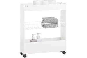SoBuy BZR46-W, Bathroom Toilet Paper Roll Holder, Narrow Bathroom Shelf on Wheels, 3 Tiers Mobile Storage Shelf Rack