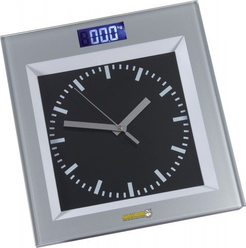 Sanwood 1003010 Personenwaage mit Uhr, 4.9 x 30 x 31.9 cm, max 180 kg, Kunststoff/Glas, Ziffernblatt schwarz, Zeiger edelstahlfarbarben, Uhrzeiteinteilung silber
