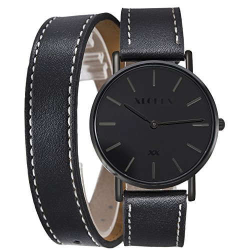 XLORDX Classic Herren Damen All Black Quarz Armbanduhr Elegant Quarzuhr Uhr Modisch Doppel Wrap Schwarz Leder XLORDX Classic Herren Damen All Black Quarz Armbanduhr Elegant Quarzuhr Uhr Modisch Doppel Wrap Schwarz Leder