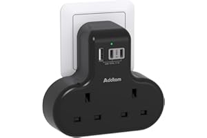 Addtam Double Plug Extension with 3 USB Ports (2 USB-C), 2 Way Multi Plug Adaptor, 13A UK 3 Pin Socket Extension for Home, Office, Travel and School Supplies (Black)