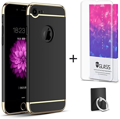 Hanglong 3 in 1 Full Protective Phone Case with Electroplate Frame For iPhone 7 (with one Tempered Glass Screen Protector)-Black