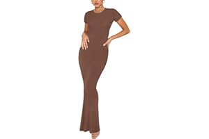 REORIA Women's Summer Casual Lounge Long Dress Elegant Short Sleeve Crew Neck Bodycon Maxi Dresses