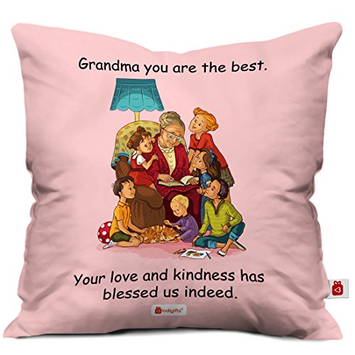 Indigifts Poly Satin Grandparents Special Grandma You Are The Best Cushion Cover with Filler (12x12-inch, Pink)