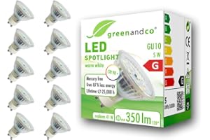 ‎GREENANDCO 10x greenandco® CRI90+ 3000K 110° reflektor LED zastępuje 41 watowy reflektor halogenowy GU10, 5W 350 lumenów ciepła biel 230V AC, nie migocze, nie ściemnia się
