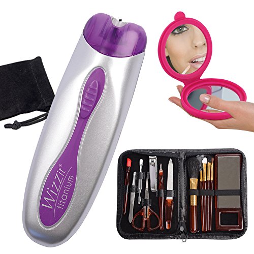 Wizzit Titanium - Depiladora con juego de manicura y maquillaje con estuche de transporte y espejo de aumento de doble cara