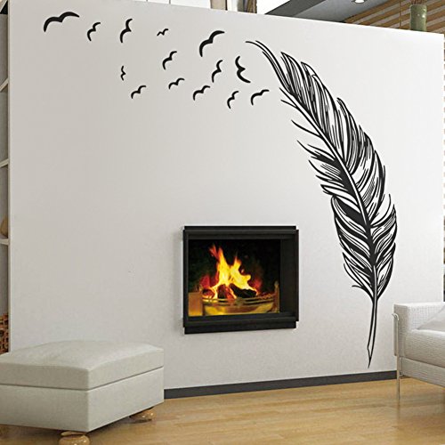 Federn Wandbild Wandtattoo Wandaufkleber Blumen Wandsticker Wandbilder Aufkleber Deko. PVC abnehmbar L Black - 5